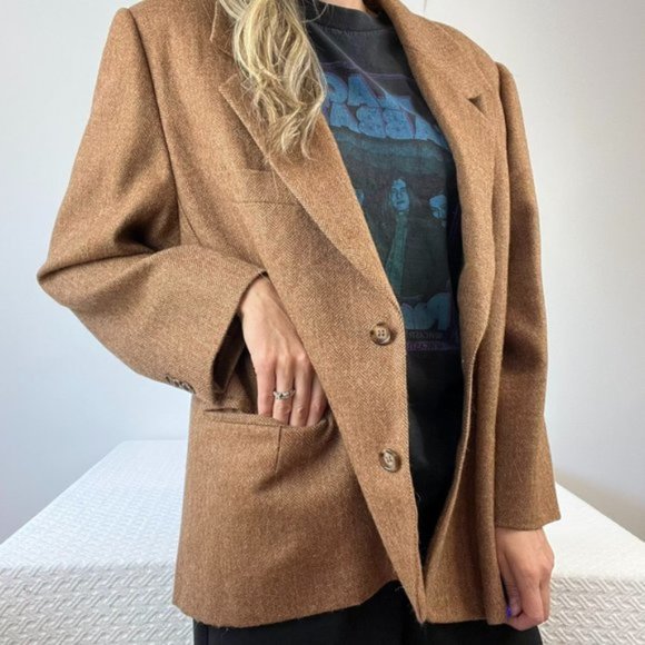 Vintage Pierre Cardin Pure Virgin Wool Herringbone dark Camel Brown Suit Jacket - Picture 2 of 15